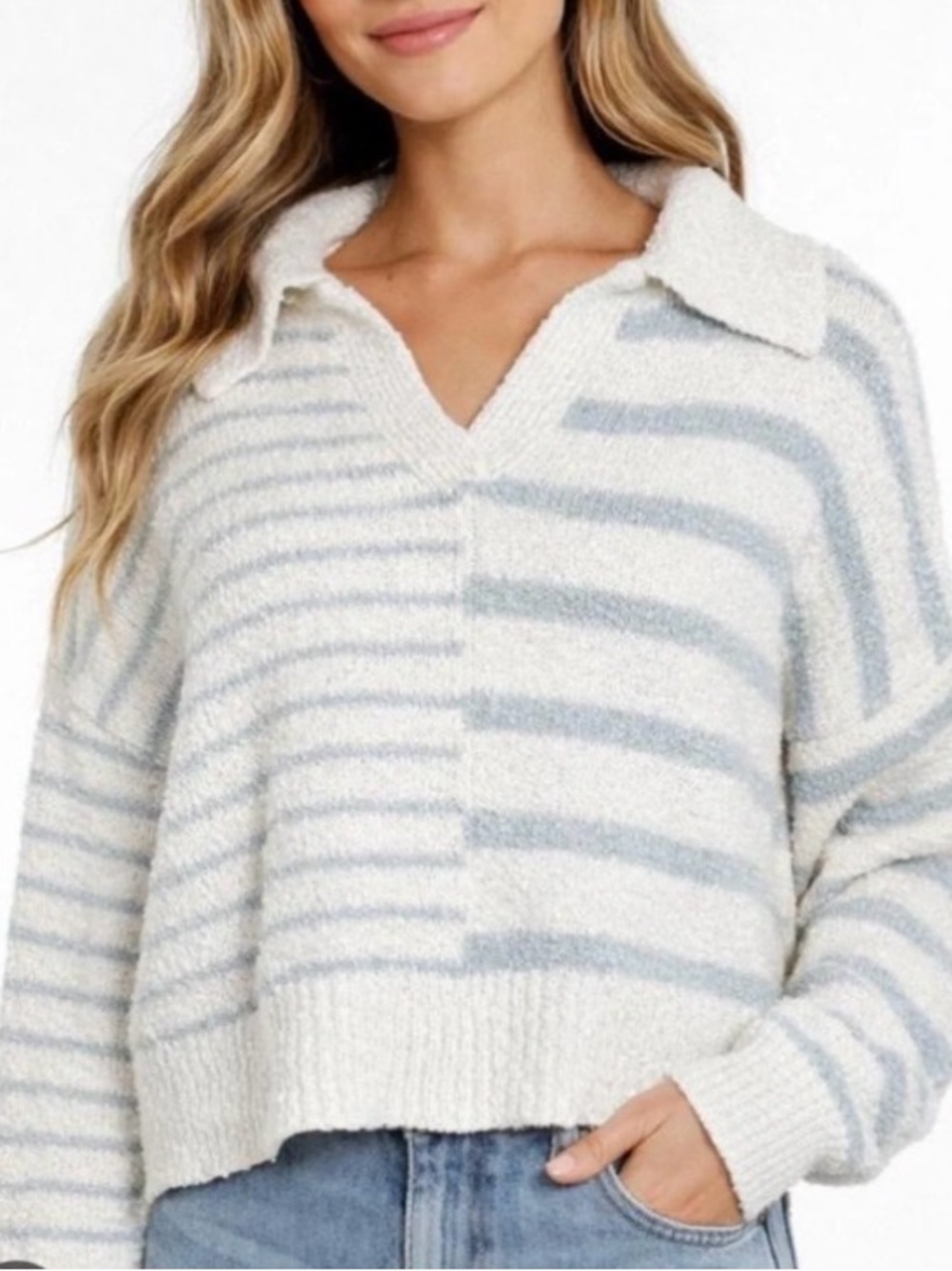 Altar'd State Cream & Light Blue Striped Polo-Neck Sweater Boucle Textured Small
